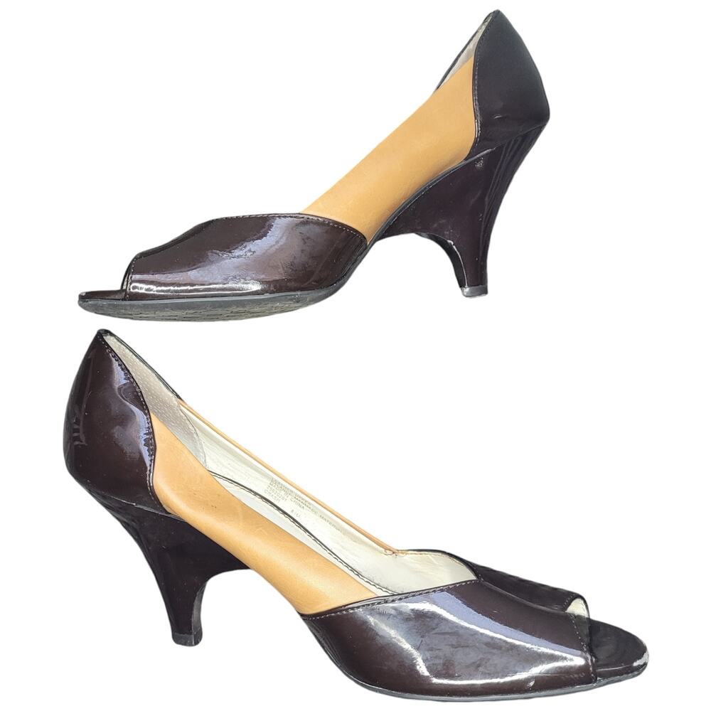 Franco Sarto Two Tone Patent Pumps Peep Toe Kitten Heel Brown Tan Sz 9